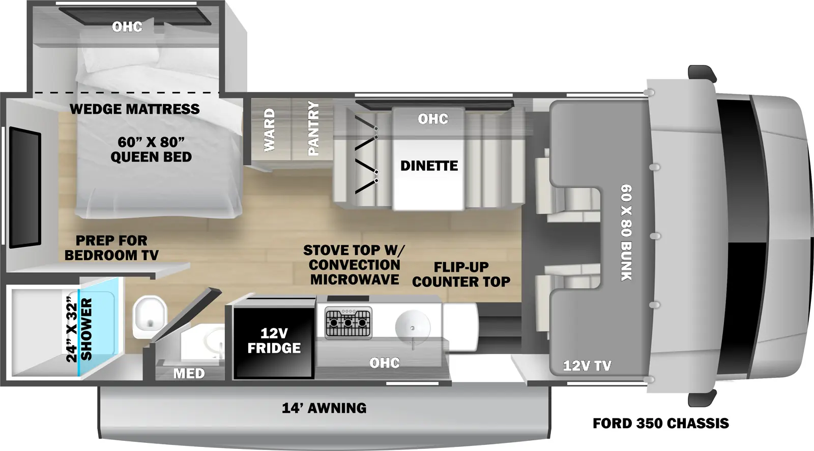 The 2251SLE has 1 off-door side slide out. Exterior features include a 14 ft. awning and is built on the Ford E-350 chassis.  Interior layout from front to back includes a 60 x 80 cab over bunk with 12V TV; off-door side dinette; door side kitchen with 12V refrigerator, stovetop with convection microwave, sink, overhead cabinet and countertop extension; pantry and wardrobe across from the refrigerator; rear corner door side bathroom with 24 x32 shower, toilet, vanity and medicine cabinet; rear off-door side corner bedroom with 60 x 80 wedge mattress in an off-door side slide out with overhead cabinet and prep for bedroom TV.